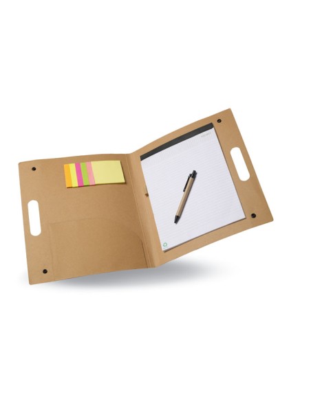 Kartonnen mappen met balpen en zelfklevende notities