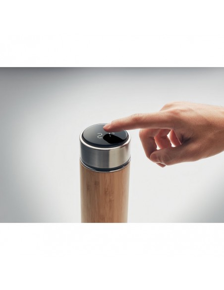 Thermosflessen met bamboe behuizing, thee-infuser en touch-thermometer 480 ml