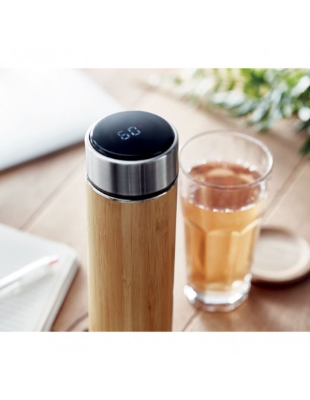 Thermosflessen met bamboe behuizing, thee-infuser en touch-thermometer 480 ml